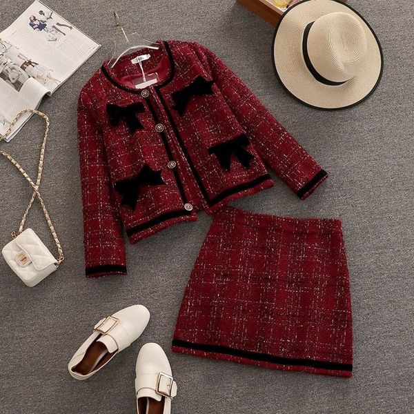 Vestidos de trabajo Calidad HGIH Pequeña fragancia Tweed Conjunto de dos piezas Mujeres Crop Top Chaqueta corta Abrigo + Conjuntos de falda Otoño Invierno Vintage 2 trajes