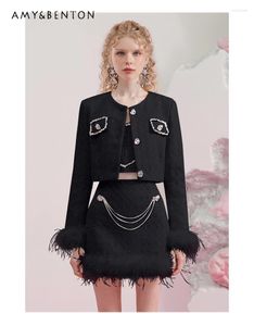Robes de travail Robes haut de gamme Black Socialite Bright Silk Tweed Suit Fashion Fashion moelle