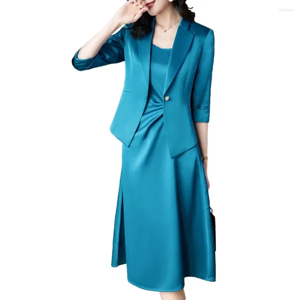 Robes de travail de haute qualité 2023 printemps été demi-manches costumes d'affaires avec robe et vestes manteau pour dames tenue de bureau ensembles de blazers