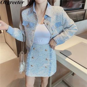 Vestidos de trabajo Chaqueta de tweed azul de alta calidad Falda de abrigo Conjuntos de 2 piezas Mujeres Otoño Denim Patchwork Crop Tops Mini trajes de doble botonadura