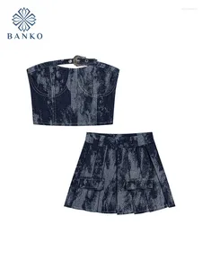 Werkjurken Hoogwaardige Fashion Outfits 2 -delige rokset Gyaru Print Tank Top Sashes Hight Taille geplooide Blue Coquette Cyber ​​Punk