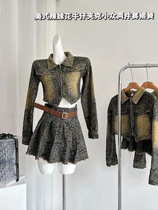 Werk jurken hoogwaardige modemode outfits 2-delige rok set polo-neck jeans jas afdrukt taille formeel geplooide 90s gelegenheid