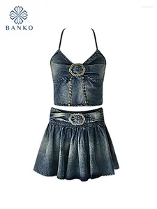 Werk jurken hoogwaardige modebedrijven 2 -delige rok set gyaru denim camisole blauwe hight taille geplooide winkels feest prom coquette