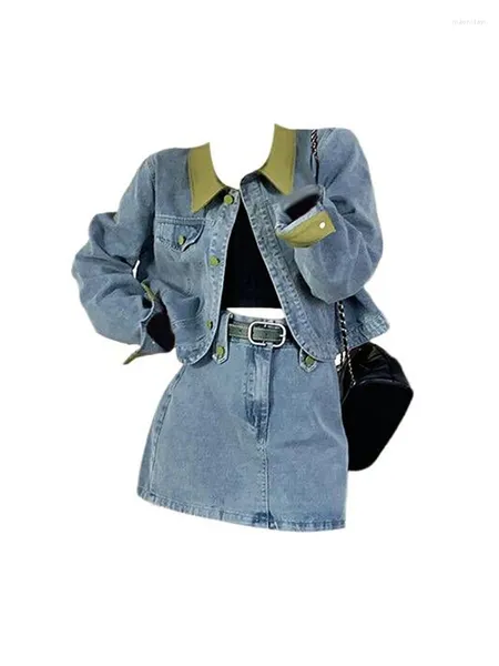 Robes de travail de haute qualité occasion formelle classique denim 2 pièces jupe ensemble simple collier de revers femmes manteau à manches longues a-ligne coréenne