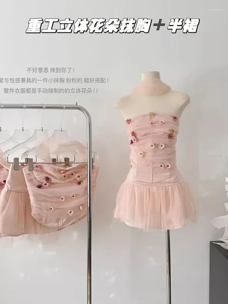 Robes de travail de haute qualité tenues de luxe 2 pièces jupe ensemble rose 3D fleur tube haut doux a-ligne bureau dame fête bal automne hiver