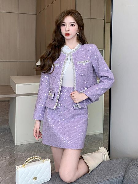 Robes de travail de haute qualité paillettes violettes brillant tweed deux pièces ensemble femmes automne tempérament célébrité veste manteau jupe costumes de bureau