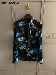 Robes de travail de haute qualité Summer Fashion Fashion Runway Designer Real Silk Blue Morning Glory Shirt Shirring Black Midi Jirt Suit