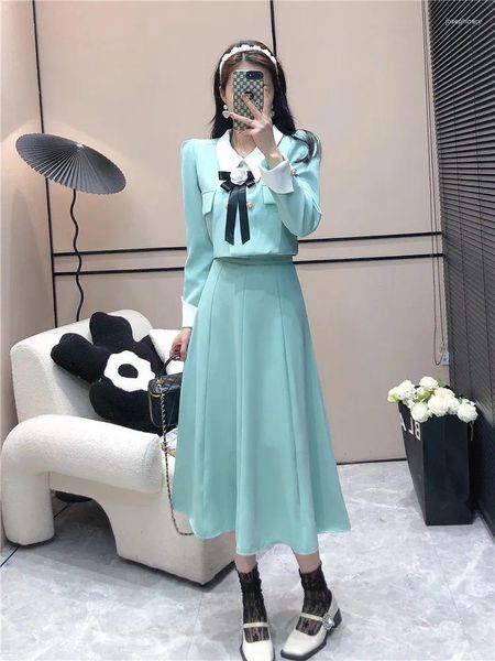 Vestidos de trabajo Tweed de alta calidad Conjunto de dos piezas Mujeres Sweet Bowknot Puff Manga Blazer Crop Top Falda larga Trajes Coreanos 2 conjuntos Mujer