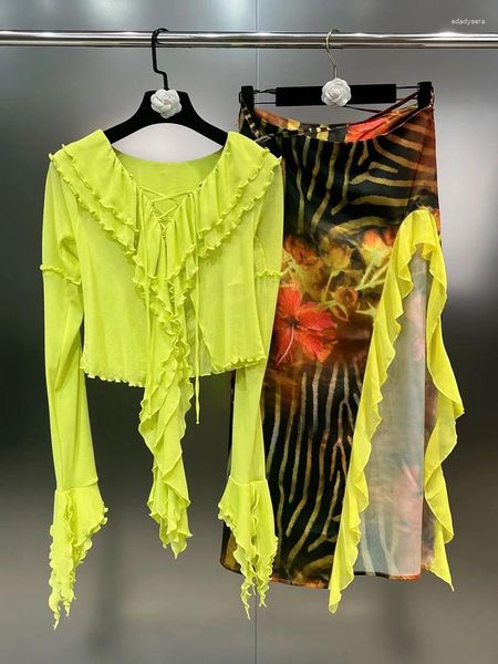 Robes de travail High Street Est 2023 Designer Runway Costume Set Femmes Fluorescent Ruffle Lace Strap Top Imprimé Split Demi-Jupe