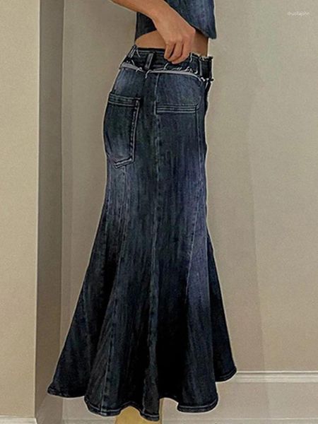 Robes de travail High Street Sexy Denim Jupe Ensemble 2023 Printemps Eté Sans Manches Bord De Fourrure Womem Soutien-Gorge Gilet INS Spicy Girl Slim Trompette Jupes Costume