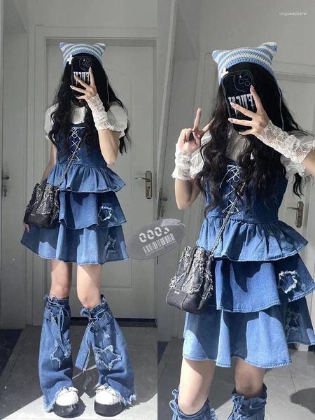 Robes de travail Hikigawa Chic Mode Dentelle Femmes Chemisier Bandage Plissé Denim Tout Match Étoile Jambière Doux Cool Y2k 3 Ensembles Ropa Mujer