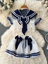 Robes de travail Hikigawa japonais Sweet Cool Sailor Colar Mesh court top y2k sexy haute jupe Jupe Chic Bow Patchwork 2 sets Mujer