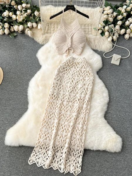 Vestidos de trabajo Conjuntos de falda de playa para vacaciones Mujeres Crochet Hollow Out Halter Cuello Sin espalda Camisetas sin mangas Cintura alta Conjunto largo de 2 piezas Drop