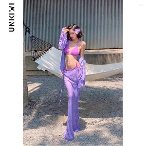 Robes de travail Holiday See-through 2 pièces Set Femmes Purple Sun Protection Bikini Bikini Smock High Wirt Jirt Suit Summer Female Beach Wear