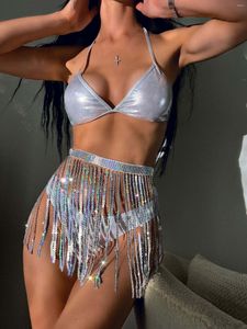 Werk Jurken Holografische Rave Festival Outfits Bikini Sexy Backless Bh Top Pailletten Kwastje Mini Rok Nachtclub Strand Carnaval Feest 3 stks