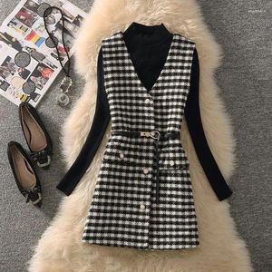 Werk Jurken Houndstooth Vest Gebreide Top Pak Vrouwen 2024 Lente En Herfst Koreaanse Mode Temperament Casual Trui Tweedelige