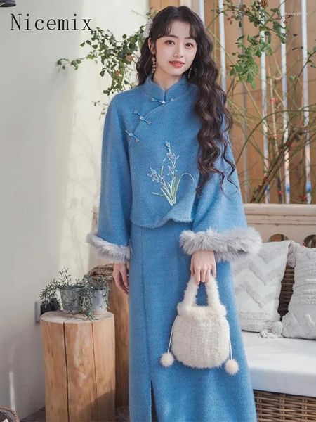 Robes de travail améliorées Cheongsam Winter Style chinois Vintage Vintage Blue Spliced Matel Top Half Long Jupe Set Two Piece Women Optifits