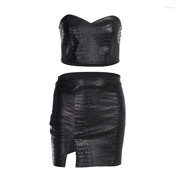 Robes de travail en été noir Pu cuir sans bretelles haut court et jupe deux pièces ensemble Y2k Streetwear robe sexy ensembles 2024 costume féminin