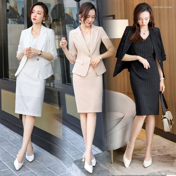 Robes de travail IZICFLY Style d'été Beige rayé élégant tenue de bureau pour les femmes demi-veste uniformes d'affaires Blazer robe costume - 1 pièce