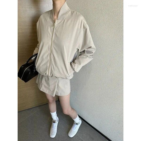 Robes de travail Veste Automne Kaki Col Montant Fermetures À Glissière Manteau Femme Manches Longues Poche Lâche Mi-longue Jupe Plissée Taille Haute Deux Pièces