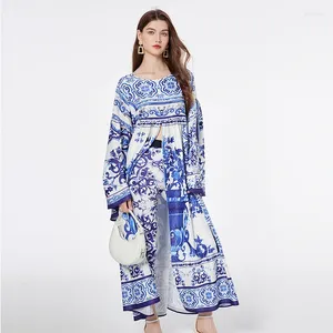 JAMERARY Mode Runway Bloemen Tweedelige Set Dames Vakantie Blauw Wit Porselein Midi-jurksets Lange skinny broekpakken