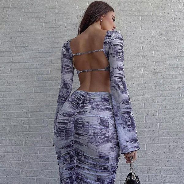 JAMERARY Bloemenprint Tweedelige sets Dames Sexy Backless Crop Tops met lange mouwen Schede Midi Rokken Pakken Vakantieoutfits