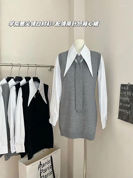 Robes de travail Tenues de mode japonaise Ensemble 2 pièces Bureau Lady Blouses à col polo Simple Baggy Robe trapèze tricotée haut de gamme Style Preppy Y2K