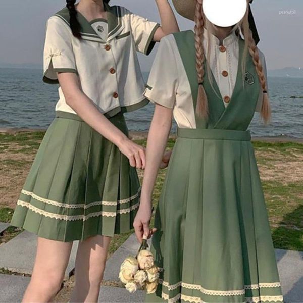 Vestidos de trabajo Japonés JK Estudiante Verano Vestido de dos piezas Conjunto de marinero de mujer Tops A-Line Faldas Trajes 2023 Lady Girls Falda verde