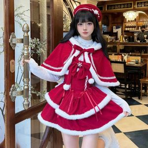 Robes de travail Japonais Kawaii Lolita Robe Ensembles Femmes À Capuchon Châle Vestes Courtes Arc Mini Jupe Style Coréen Doux Rouge Costume De Noël Année