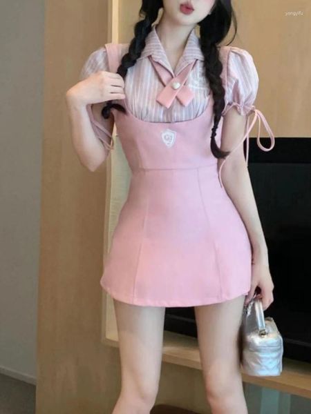 Robes de travail japonais kawaii lolita en deux morceaux sets femmes coréenne sweet fête mini-robe costume 2024 choux en rayures mignons suspense rose