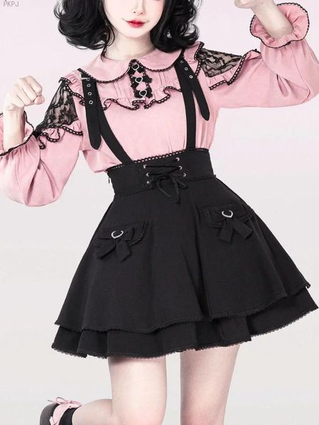 Robes de travail Japonais Kawaii Lolita Deux Pièces Ensemble Femmes Coréenne Douce Robe À Bretelles Costume Femme 2024 Y2k Dentelle Rose Blouse Noir Mini