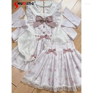 Robes de travail mine japonais costume sweet bowknot music score floral manche en mousseline de soie à manches longues à manches longues jupe de printemps femelle 2 pcs