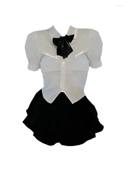 Vestidos de trabajo Trajes de estilo preppy japonés Conjunto de 2 piezas Camisas con cuello polo Manga abullonada Cintura elástica Falda acampanada negra Fiesta Fiesta de graduación Clásica