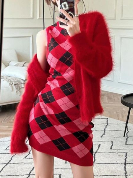 Robes de travail japonais rouge Plaid 2 pièces ensemble femmes Patchwork Y2k décontracté Chic Mini robe costumes femme Style coréen vêtements élégants 2024 hiver