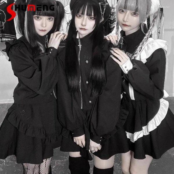 Robes de travail japonais rojita harajuku noir punk mine fille gothique style costume mignon vêtements pour femmes zipper manteau à manches longues et jupes