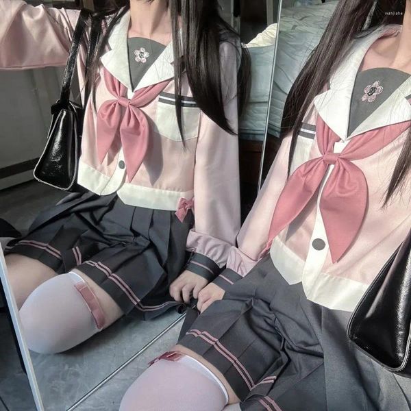 Vestidos de trabajo Escuela Japonesa chica JK uniforme mujeres niñas Kawaii arco blusas rosas faldas plisadas conjuntos traje de marinero trajes azul marino