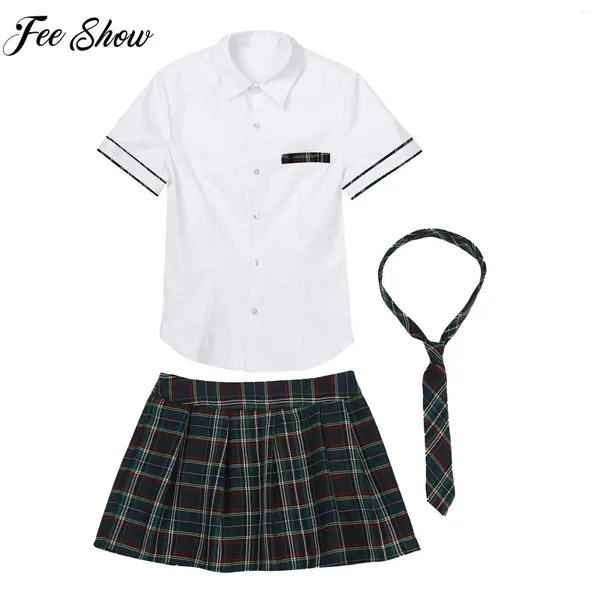 Vestidos de trabajo Escuela japonesa Chica Uniforme Traje Blanco Manga corta Camiseta Top Falda plisada Cosplay Chicas coreanas Conjunto de disfraces de estudiantes