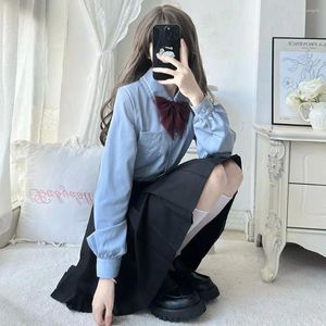 Vestidos de trabajo chicas japonesas chicas bordadas uniformes jk camisa de manga larga estudiante blusa azul femenina falda corta set de dos piezas