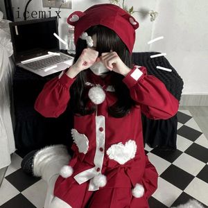 Robes de travail École japonaise Girls JK Uniform Skirs Set Red Red Cute Kindergarten Mabet à capuche Jupe plissée Automne / Hiver Année Femmes