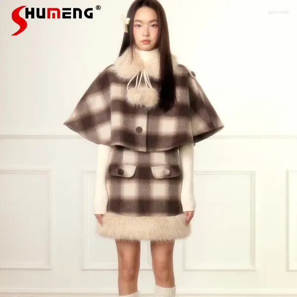 Robes de travail du design de mode de style japonais en laine brun fille rétro à plaid à manches longues Cape Mini jupe de jupe 2024 Vêtements pour femmes printemps