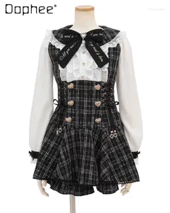 Werkjurken Japanse stijl lolita set mijnenstijl lange mouw boog veter shirts voor womne en schattige vrouw met hoge taille shorts tweedelig pak