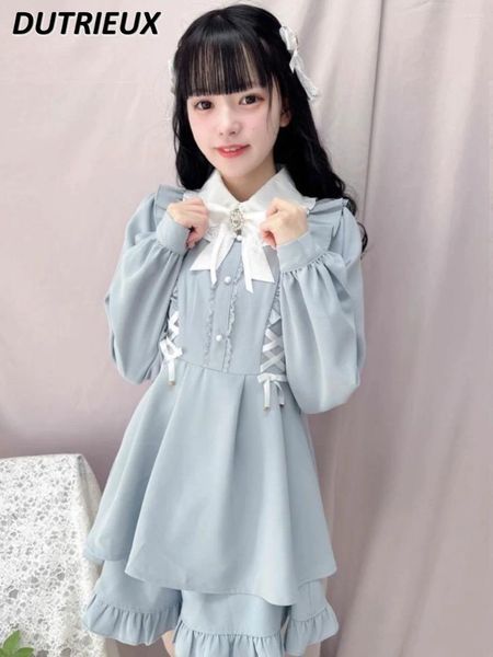 Vestidos de trabajo estilo japonés lolita dulce linda camisa vestida de muñeca de muñeca de muñeca tapa de manga larga y pantalones cortos de base primavera otoño de dos piezas traje