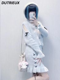 Werk jurken Japanse stijl massaproductie zachte glutgrijs grijze mink haartrui off-shoulder korte pullover en rok outfits tweedelig