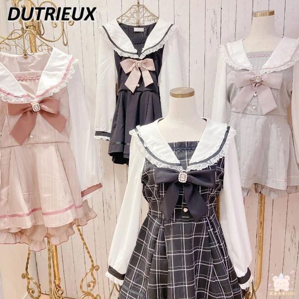 Vestidos de trabajo Estilo japonés Trajes de vestir para mujer Cuello marinero A cuadros Rhinestone Bow Shorts Set Sweet Lolita Mine Series Traje