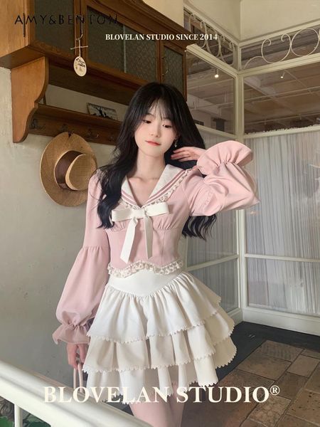 Robes de travail japonais sweet girl Sailor collier à manches longues à manches longues courte en ligne A-Line Femmes Automne Preppy Style Kawaii Two-Piece Set