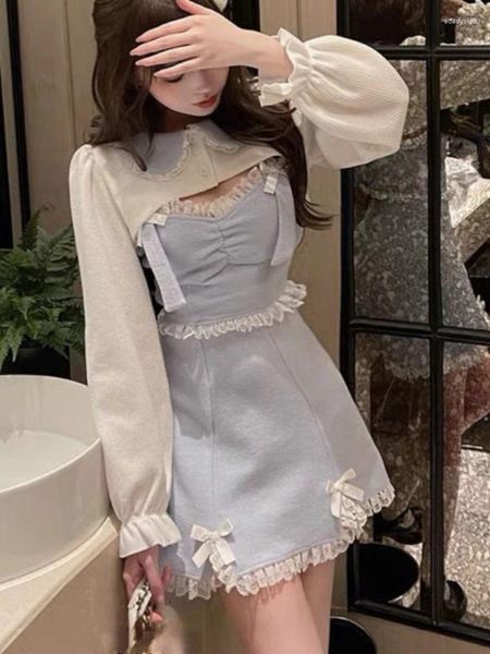 Robes de travail Japonais Sweet Lolita Robe Dentelle Femmes Bow Rose Kawaii Party Mini Femme Bleu Princesse Mode Coréenne Dresse Hiver 2024