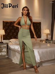 Robes de travail JillPeri Halter Dos Nu Cordon Vert Crop TopSlit Jupes Longues 2 Pièces Tenues D'été Pour Les Femmes 2023 Ensembles De Robe De Vacances