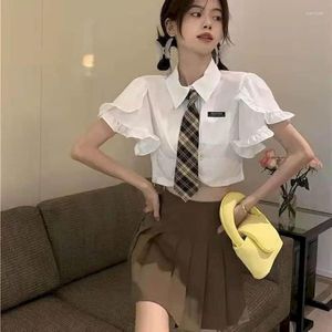 Robes de travail JK uniforme été japonais Style coréen costumes robe femmes Preppy blanc manches bouffantes chemise taille haute jupe plissée ensemble