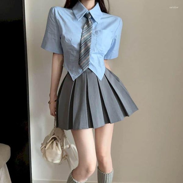 Vestidos de trabajo JK UNIFORM Summer Japoneses de estilo coreano Trajes Mujeres Mujeres PREPPY Azules Camisas de manga corta Cabalde plisado con cintura alta