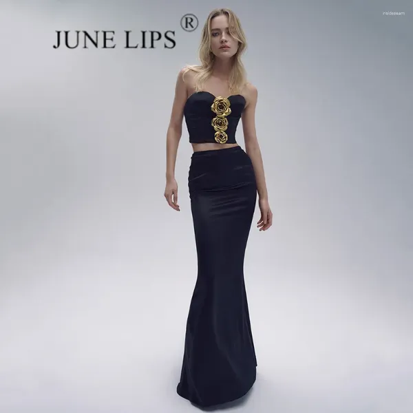 Robes de travail juin lèvres 2024 printemps / été noir Sexy Bra 3d fleur courte courte robe longue bandage deux pièces set pour les femmes en gros